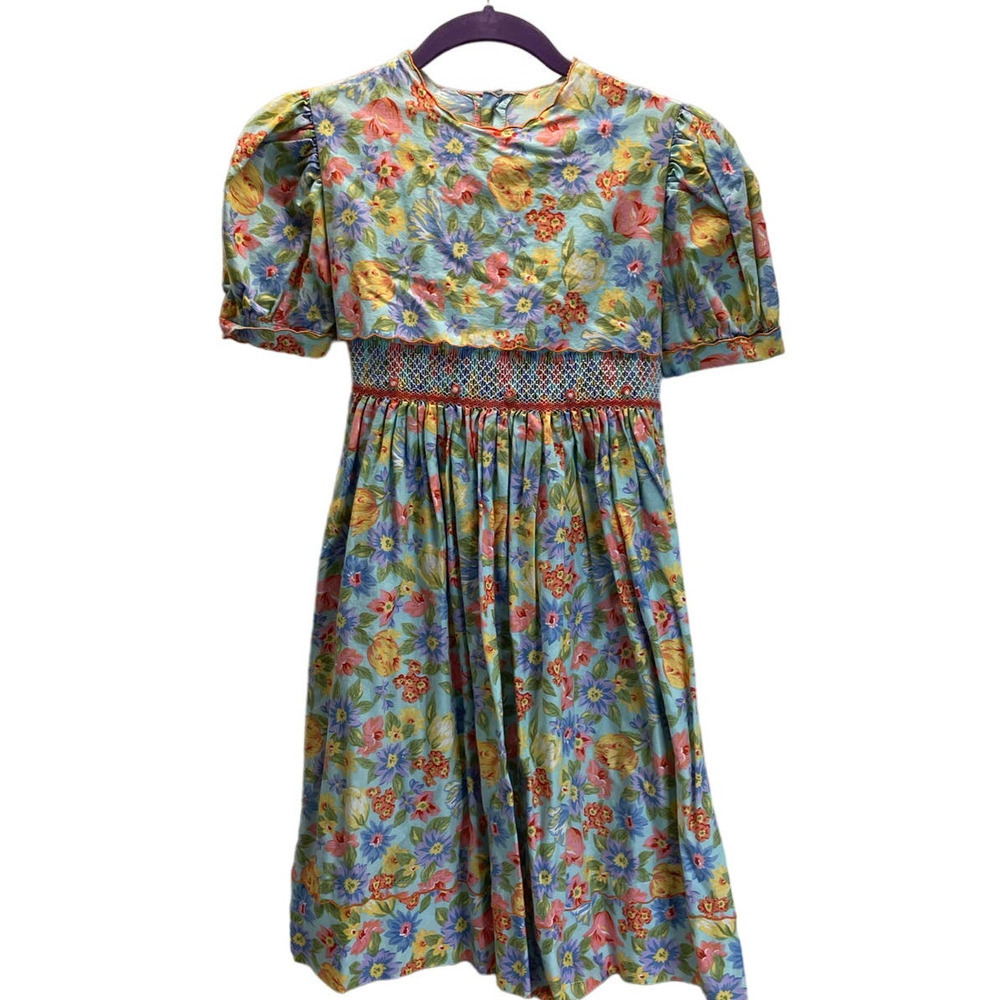 SIMI vintage Floral Dress 1980s Smocked Waist Size 24M Girls Tie Waist